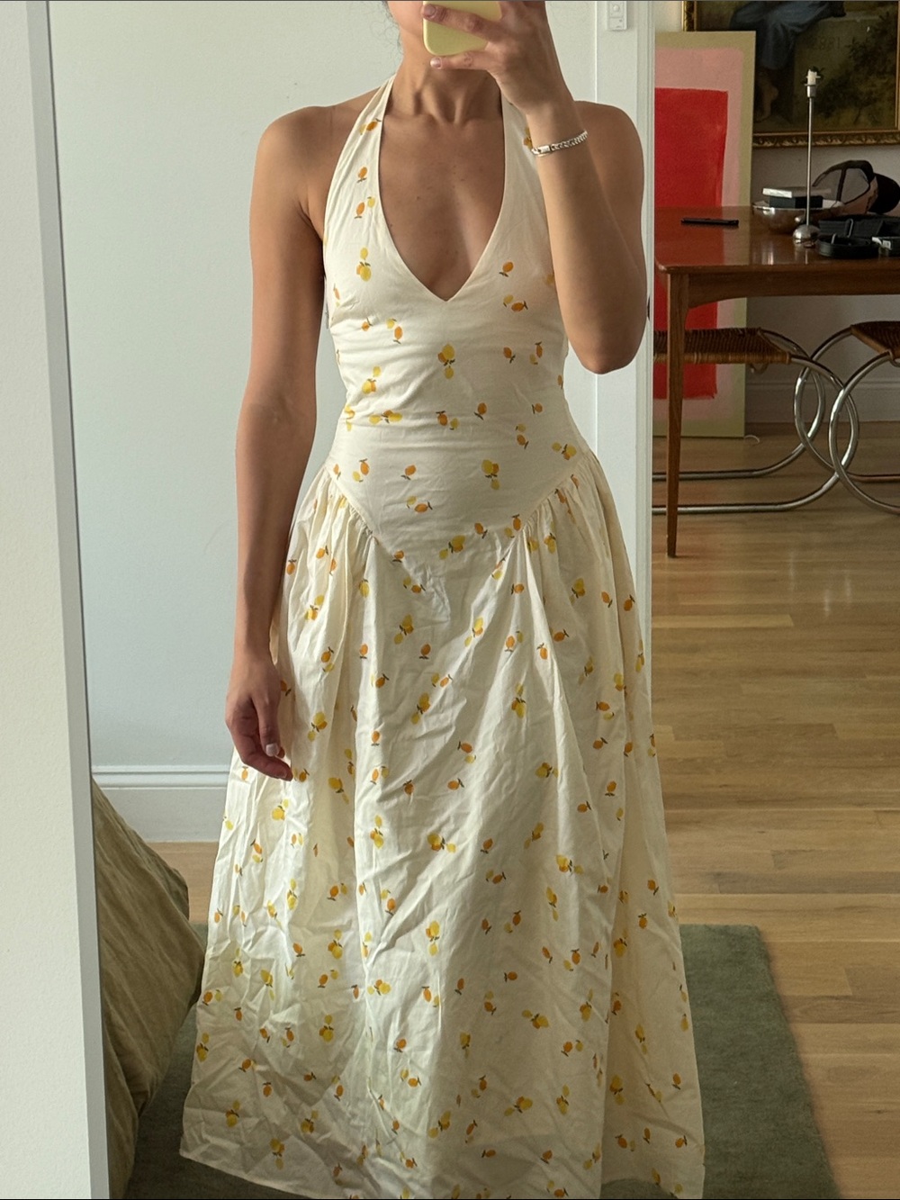 Zara Cream Halter Maxi Dress with Yellow Floral Motif
